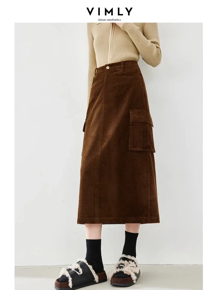 Vimly Cotton 100% Thick Corduroy Midi Skirt for Women 2023 Winter Cargo Style Straight Elastic Waist Split Skirts Clothing M5386