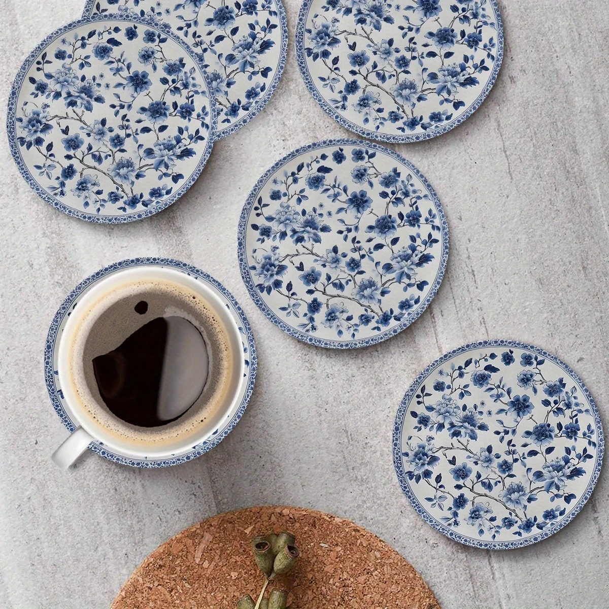 Chinese Style Blue Porcelain Pattern 2D Wooden Coaster Round Home Decor Coffee Table Pad Glass Beer Cup Bar Moving House Gift