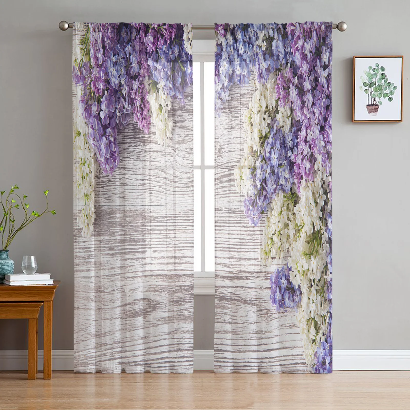 Purple Lilac Flower Wooden Board Sheer Curtains for Living Room Decoration Window Curtains Kitchen Tulle Voile Organza Curtains