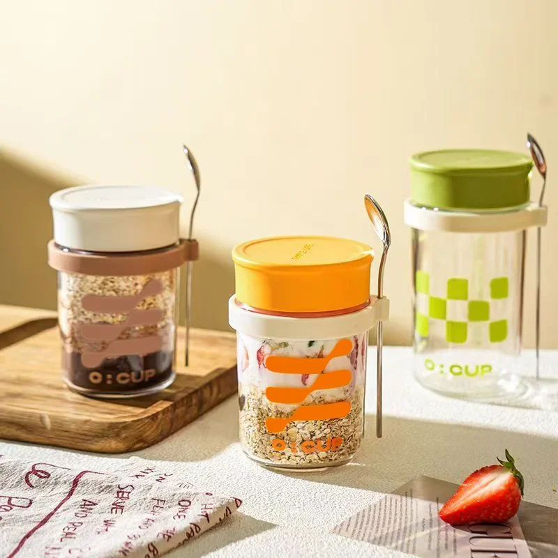 1Pc 350ML Oat Sealed Glass Jar with Lid Spoon Portable Breakfast Cup Milkshake Yogurt Cereal Cup Container with Measurement