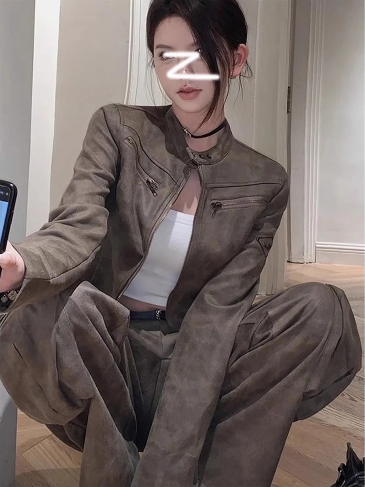 Retro bruin suède leren jas dames slim fit korte motorjas herfst High Sensation Spicy Girl Faion bovenkleding