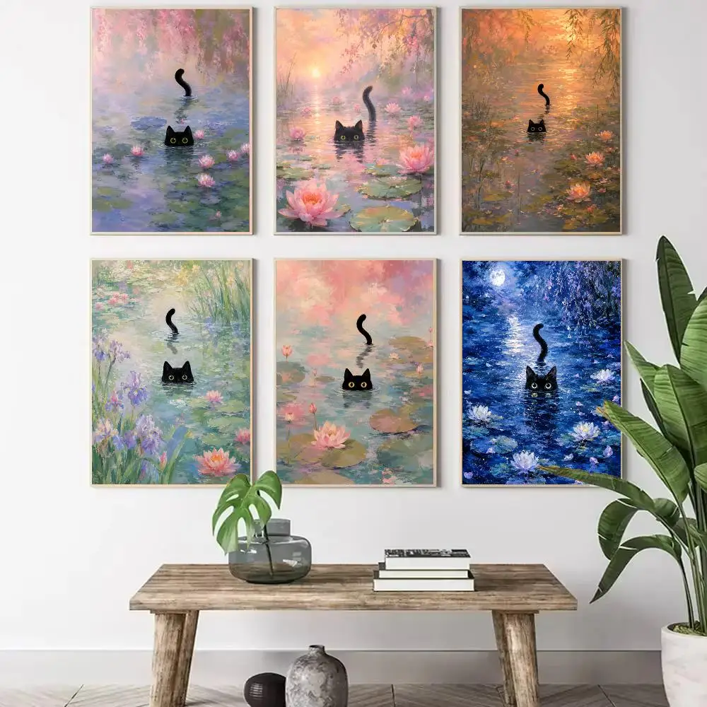 Black Cat Lily Pond Poster Wall Decor Self-Adhesive Aesthetic Modern Vibe Stylish Gift Friends Using Living Room Bedroom