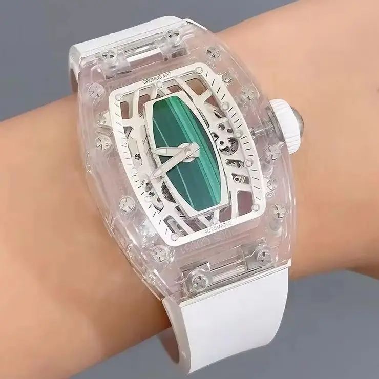 CRONUSART Women Automatic Watch 31.5mm Tonneau Ladies Mechanical Wristwatch Acrylic Case Luminous Sapphire Natural Stone Dial
