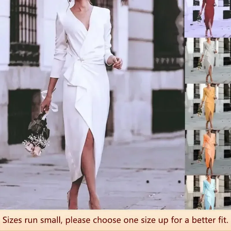 Slim fit long sleeved V-neck dress with side slit for a stylish commuting look