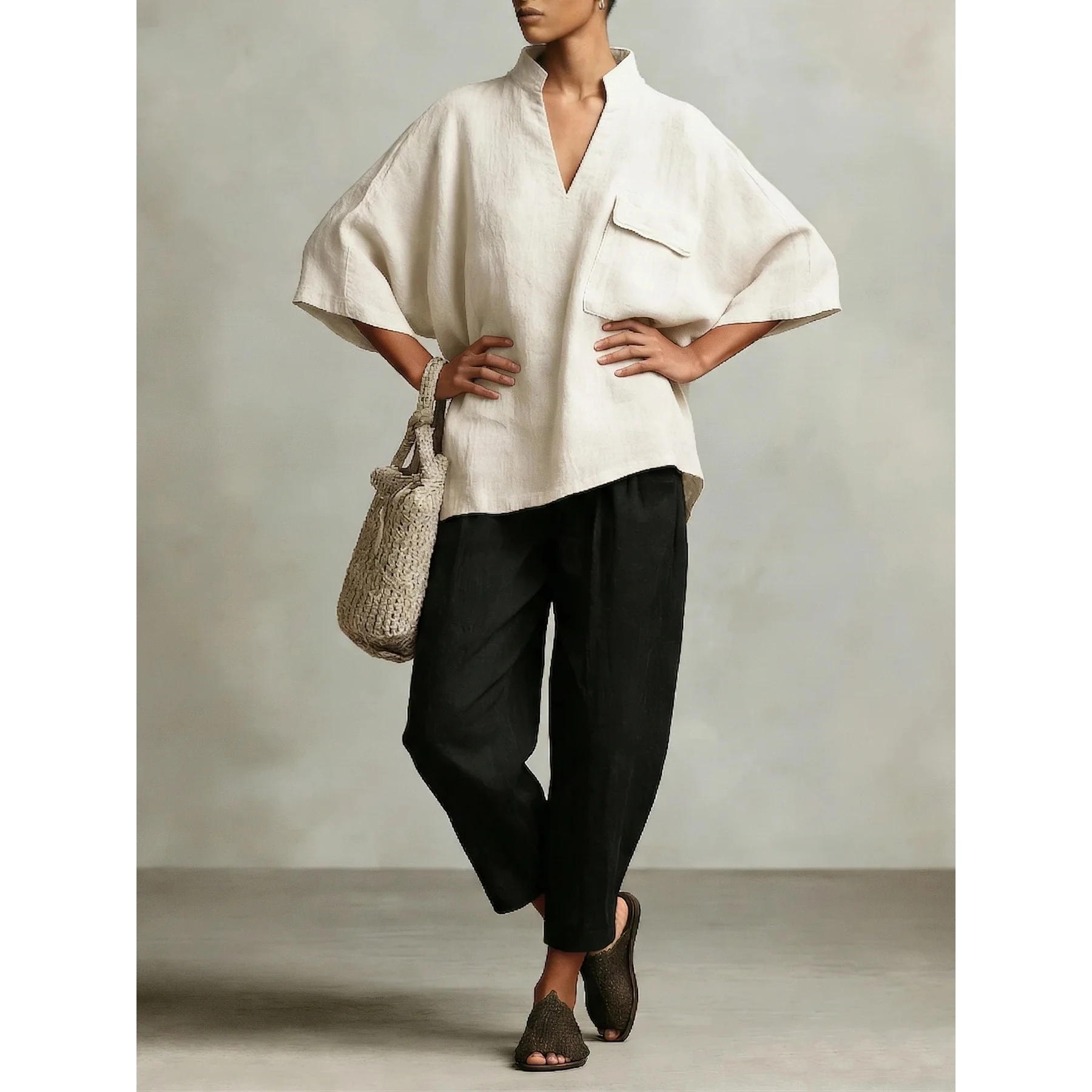 

Loose Fit Linen Shirt Short Sleeve Women's Summer Fashion Versatile Color V Neck Button up Cotton Linen Blend