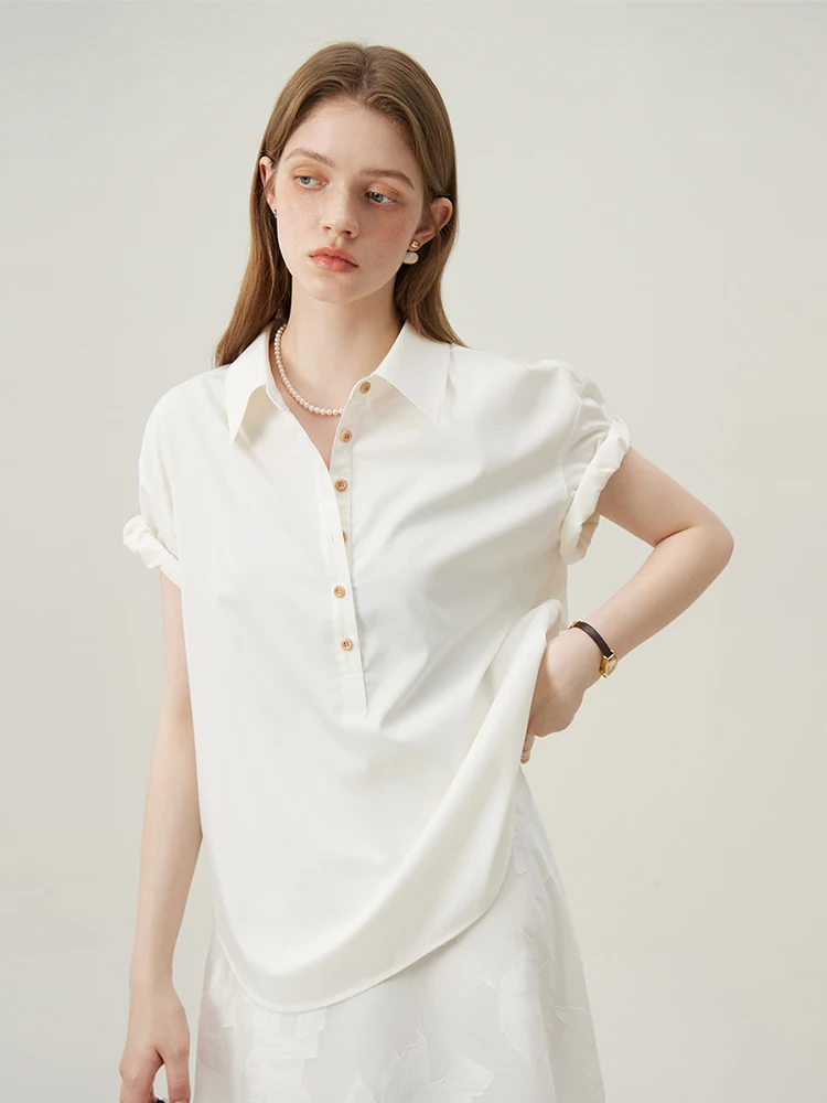 FSLE Loose Rolled Sleeve Shirt For Women's Summer 2024 New Design Sense Short Sleeved White Blue Top 24FS12303