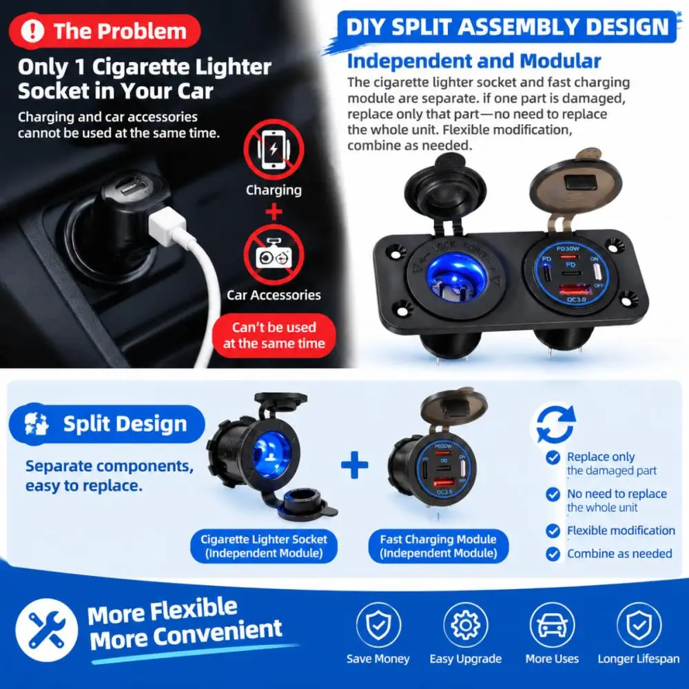 PD30W Type-C QC3.0 USB Charger w/ Switch, 12V Car Cigarette Lighter Socket, Waterproof DIY Panel for Car RV Moto Boat ATV 12-24V