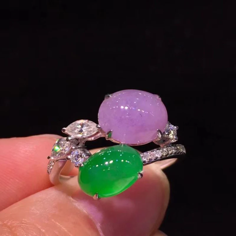 Natural Ice seed double Purple/Green chalcedony oval rings for women fashionable and elegant wedding silver inlaid jewelry gift