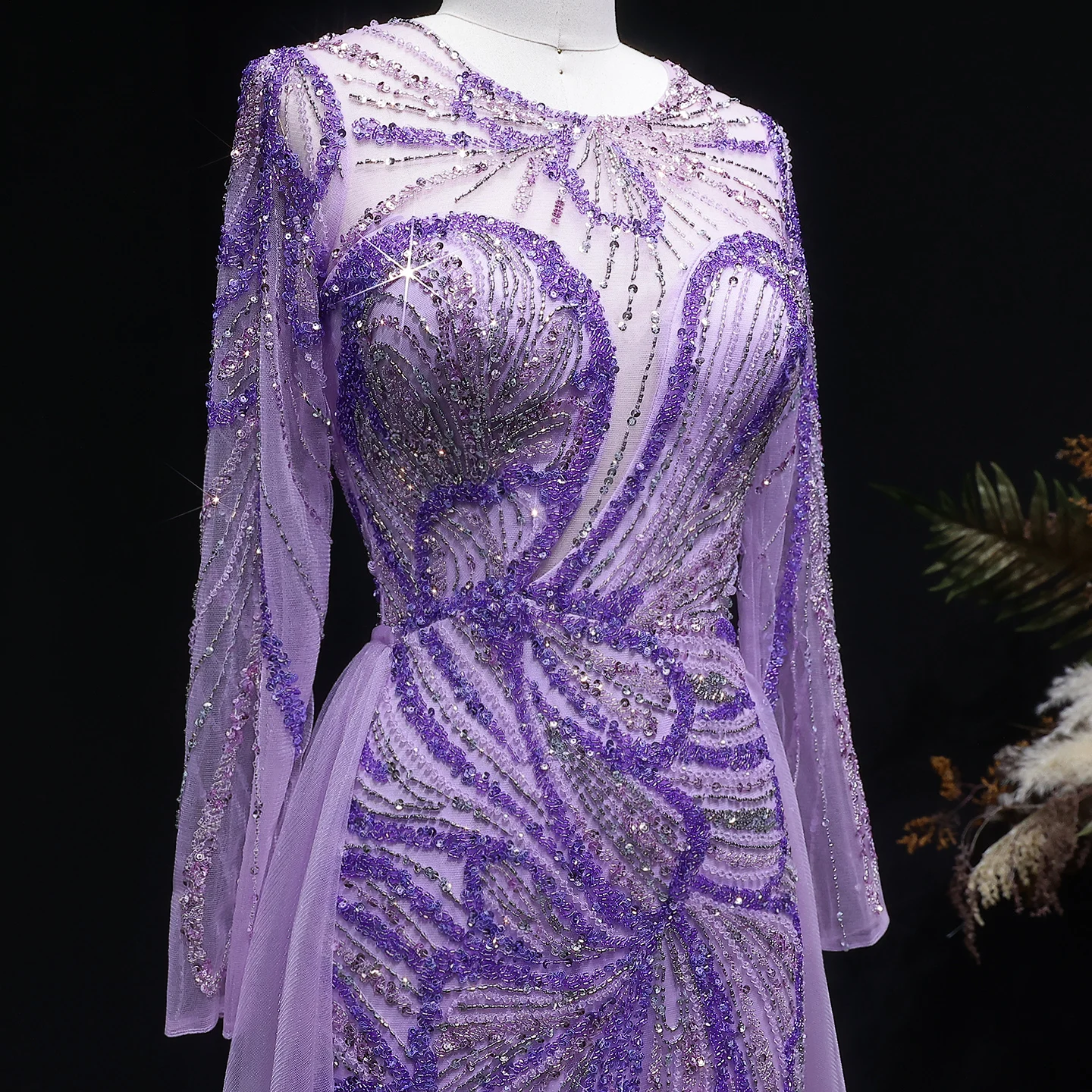 Sharon Said Dubai Luxuriöses Flieder-Abendkleid mit hohem Seitenschlitz, Weinrot, Grün, Damen-Abendkleider SS160, individuell anpassbar – Detail 9