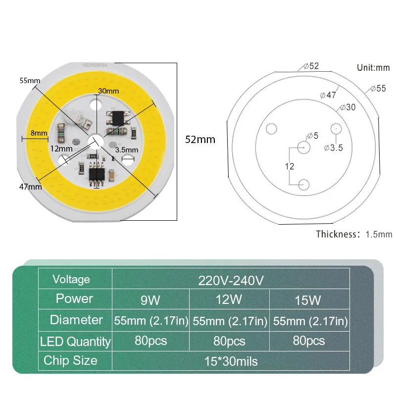 COB LED Lamp Chip 220V 9W 12W 15W Driverless High Brightness Round Light Beads Board 5Pcs for Downlight Spotlight Led Bulb Chips