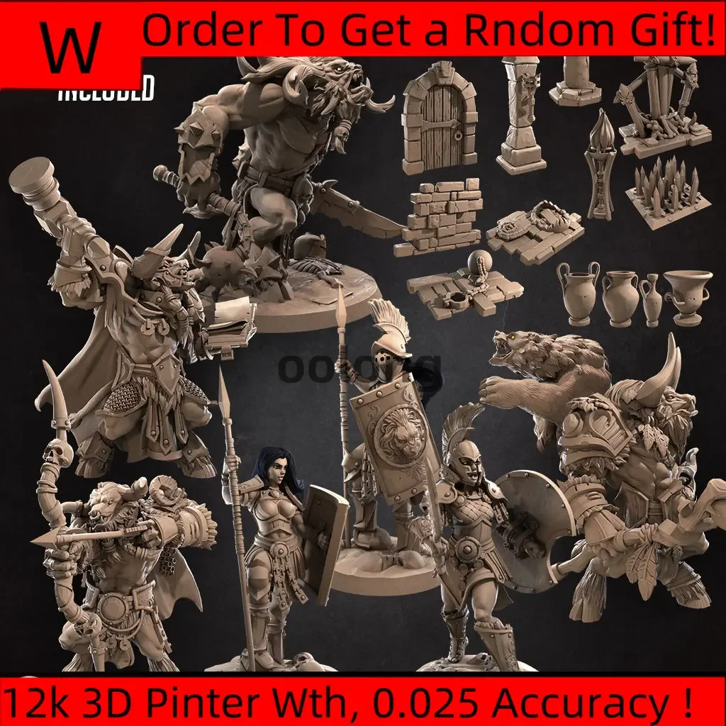 Miniature Resin Model Tauren Vs Human Druid, Ranger, Paladin, Gladiator, Spartan Dnd Model Unpainted