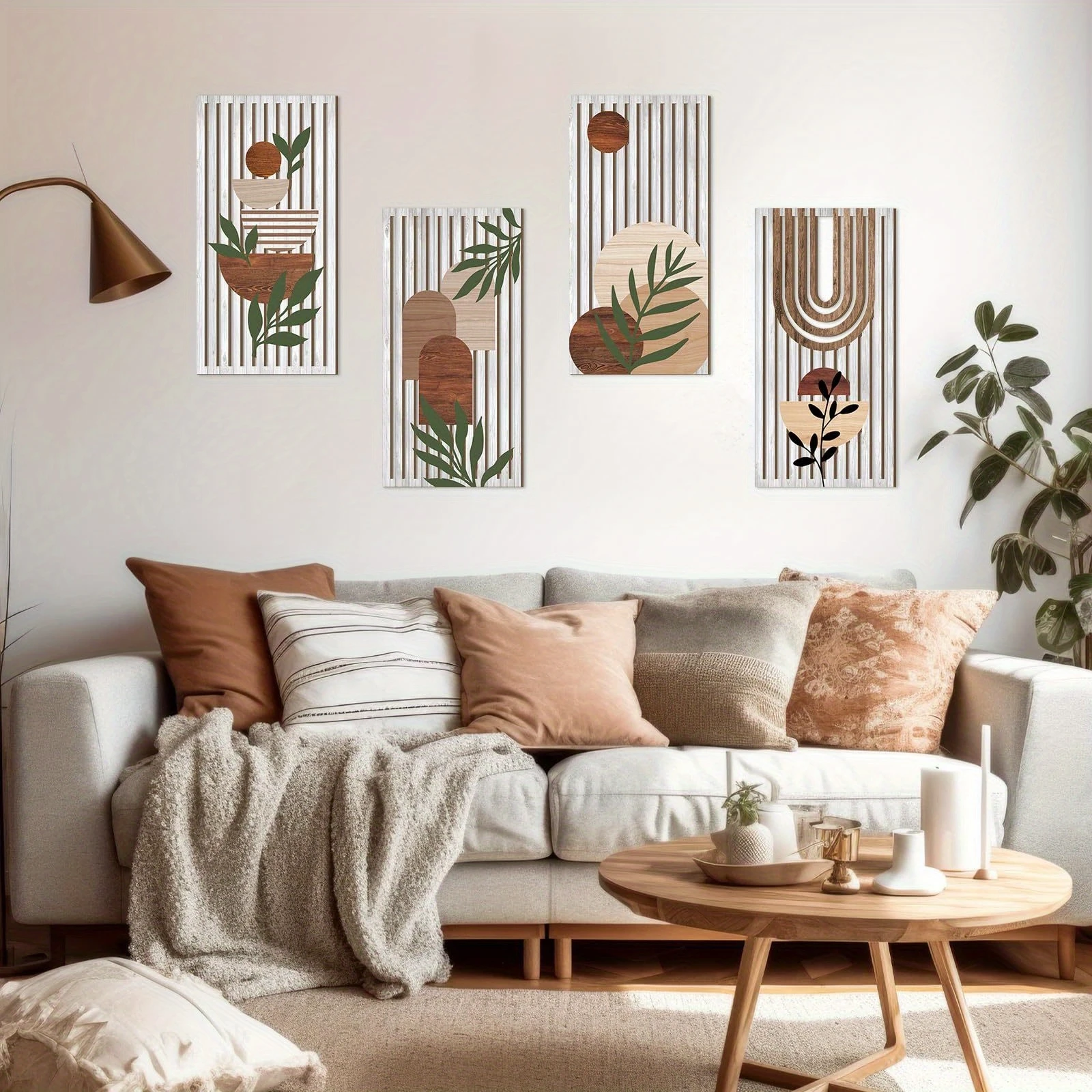 40 cm, Boho-Stil, 4 Stück, 2D, flache Holz-Wandkunst, abstrakte Geometrie, Sonne, Regenbogen-Muster, geeignet für Wohnzimmer, Schlafzimmer, Büro, Dekoration