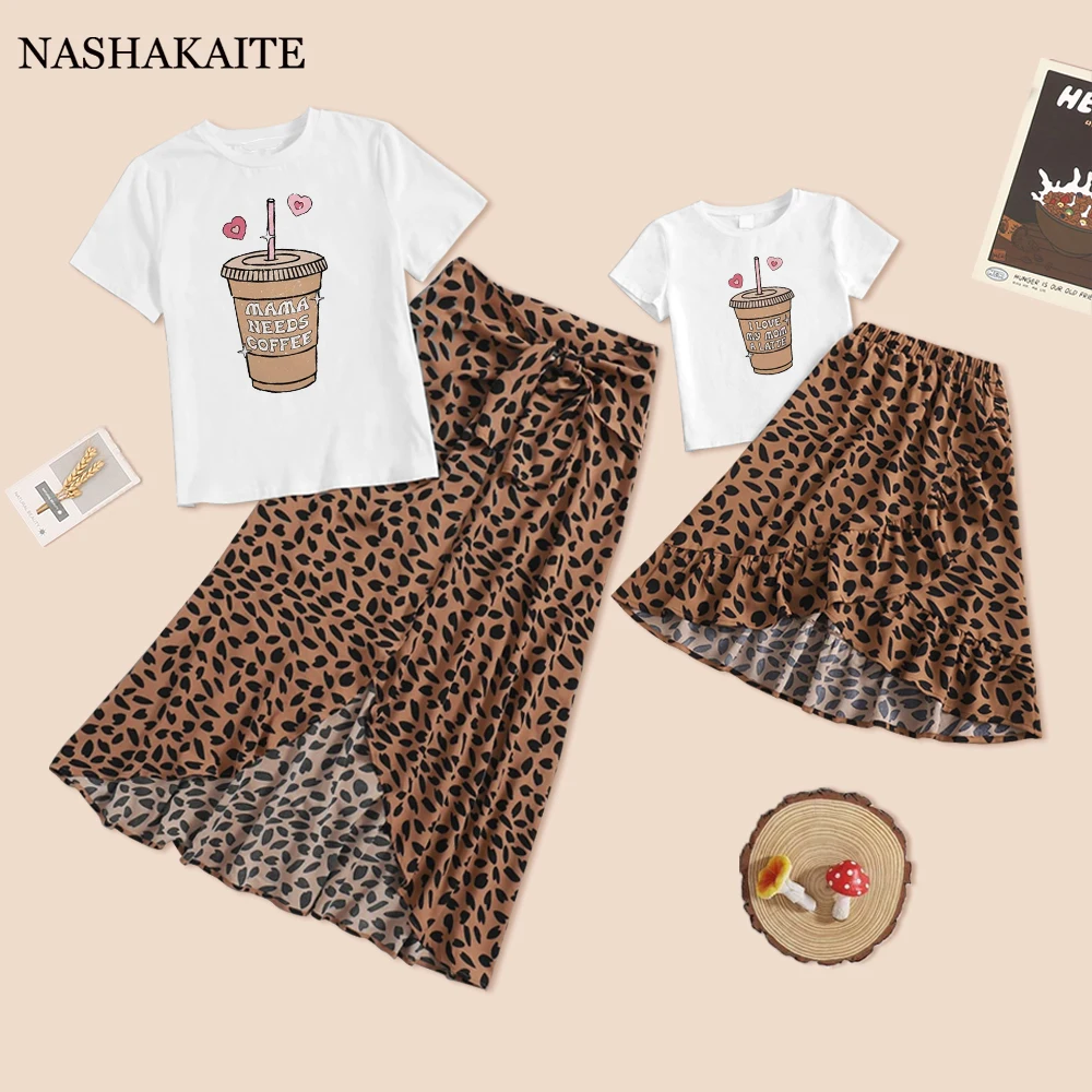 

Summer Mom and daughter Leopard print lace-up ruffled skirt + T-shirt For Mommy and me clothes Mother and Daughter family look