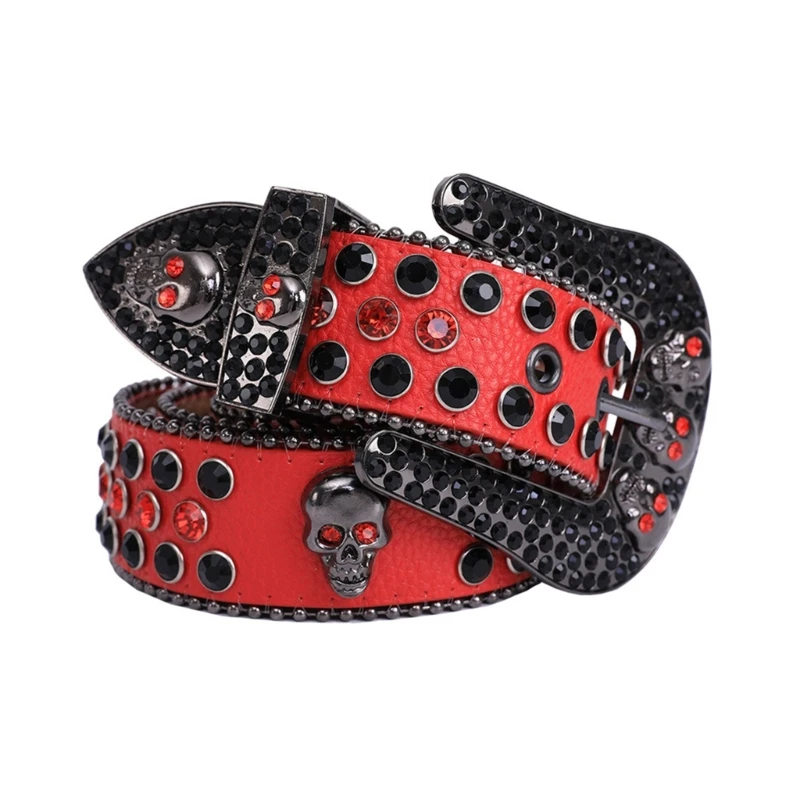 Head Skull Rhinestone Red and Black Buckle Belt. Unisex Maikun Head Skull Buckle Belts for Mens & Womens Shinning  main image 3