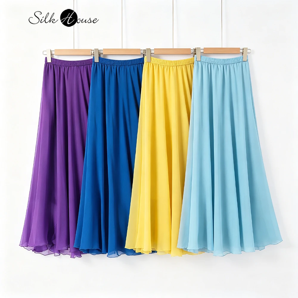 

Vacation Style Big Swing 100% Natural Mulberry Silk Georgette High Waisted Women's Casual Yarn Skirt Three-layer Beach Skirt