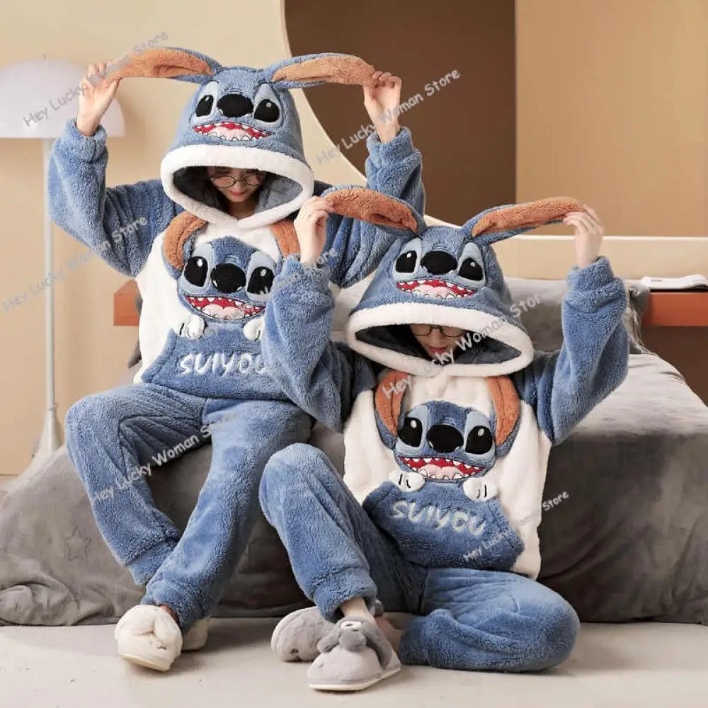 2Pcs Disney Cartoon Stitch Couple Coral Fleece Pajamas Suit Cute Plush Hooded Pullover Top Pants Women Men Sleepwear Y2K Clothes