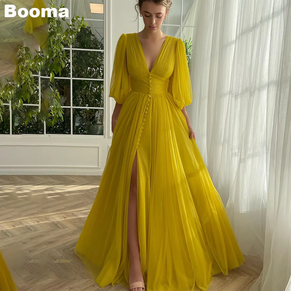 Vestidos de baile longo Booma-A-Line para mulheres, decote V profundo, mangas meias, vestidos de tule, fenda lateral alta, vestidos de noite formais