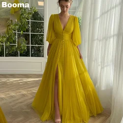 Booma A-Line Long Prom Dresses Deep V Neck Half Sleeves Tulle Party Gowns High Slit Formal Evening Dresses for Women Customized