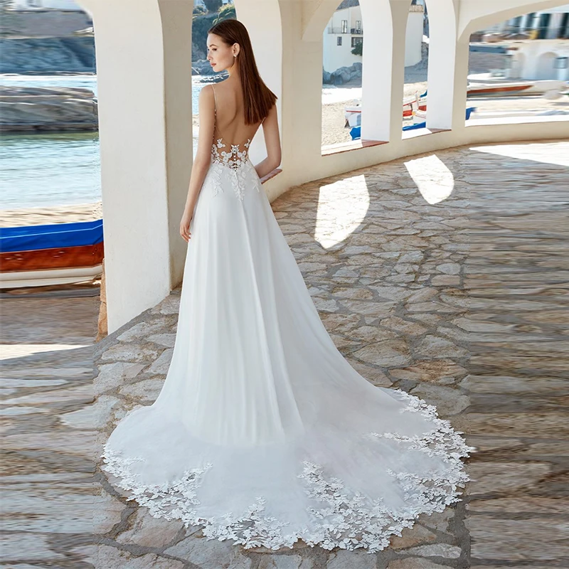 مثير السباغيتي الأشرطة فساتين الزفاف الأبيض الدانتيل يزين ألف خط الخامس الرقبة طول الأرض الشيفون زي العرائس Vestidos De Novia