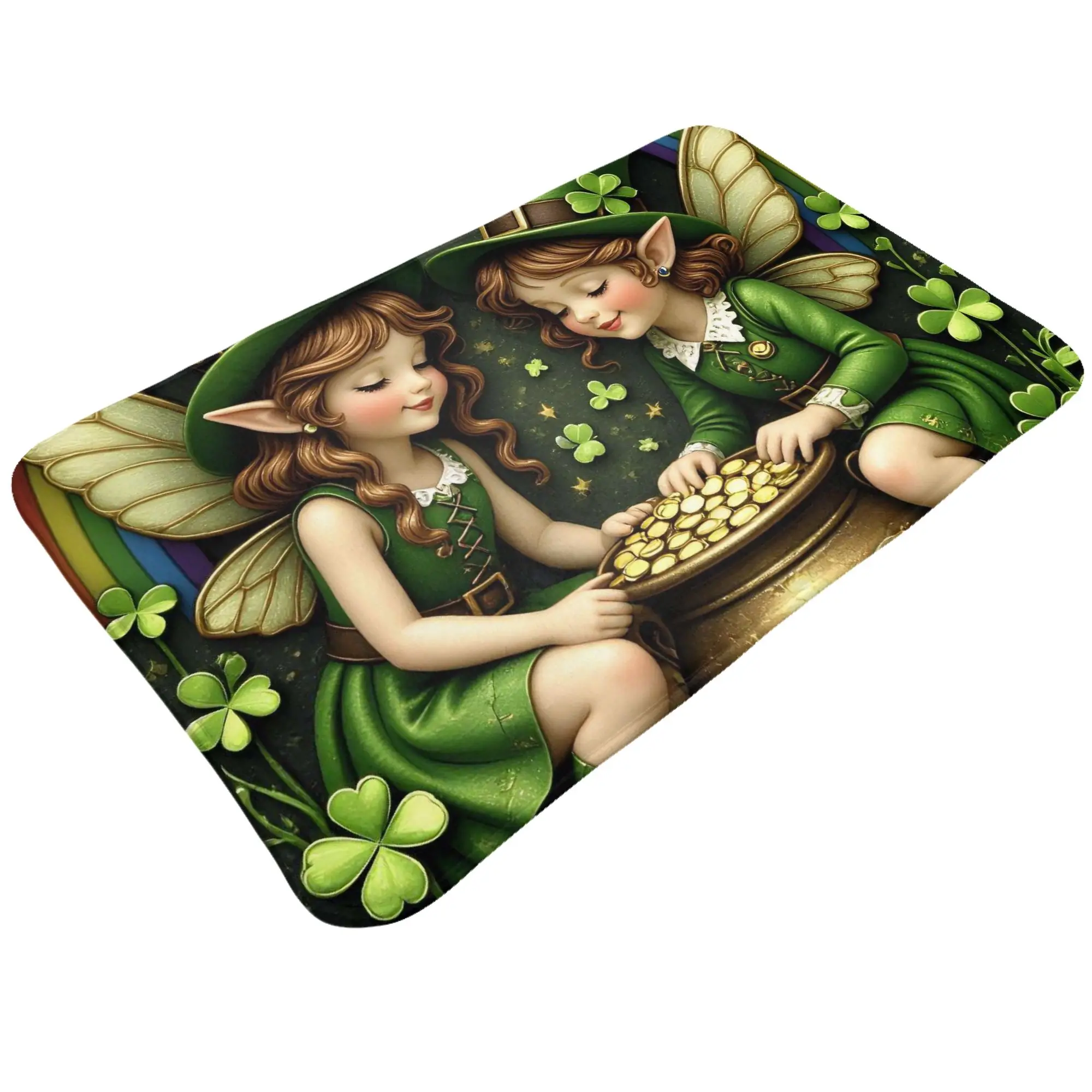 St Patricks Fairies Pot Of Gold Fantasy Art Doormat Bathroom Kitchen Mat  Washable Home Decor