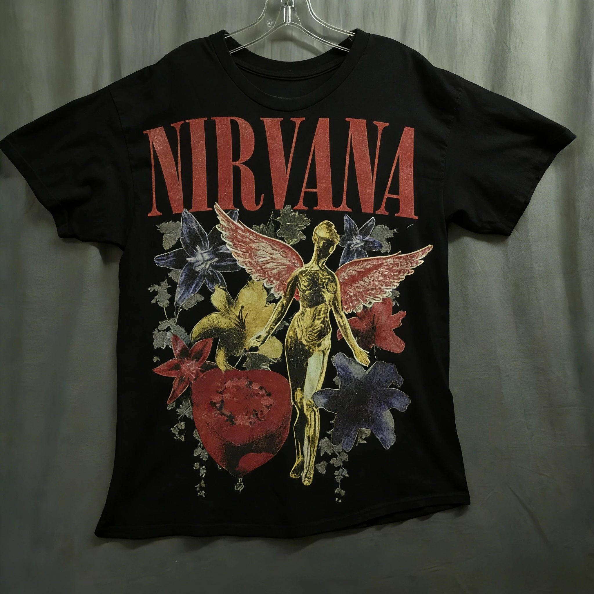 Nirvana Vintage Rock Band T-shirt Retro Angel Floral Graphic Tee Round Neck Short Sleeve For Grunge Music Enthusiasts