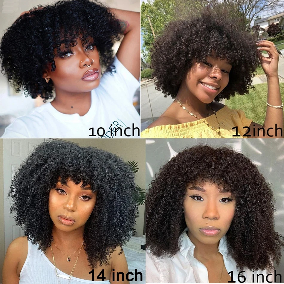 Kinky Curly Wigs with Bangs 180% Density Brazilian Remy Human Hair Full Machine Made Wigs Short Afro Curly Wigs For Women