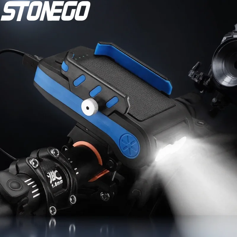 

Перезаряжаемый велосипедный фонарь, светодиодный многофункциональный велосипедный передний фонарь 4 в 1, держатель звукового сигнала, внешний аккумулятор и подставка для телефона