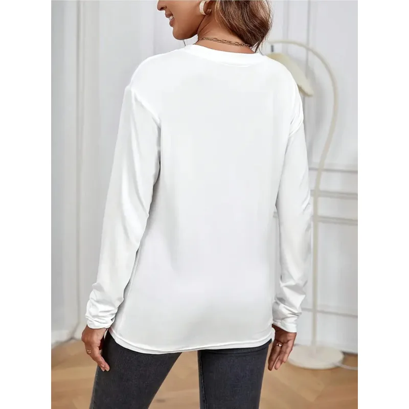 Women Long Sleeve T-shirt Halloween Cute Ghost Witch Hat Pumpkin Print Crew Neck Casual Tee view 3