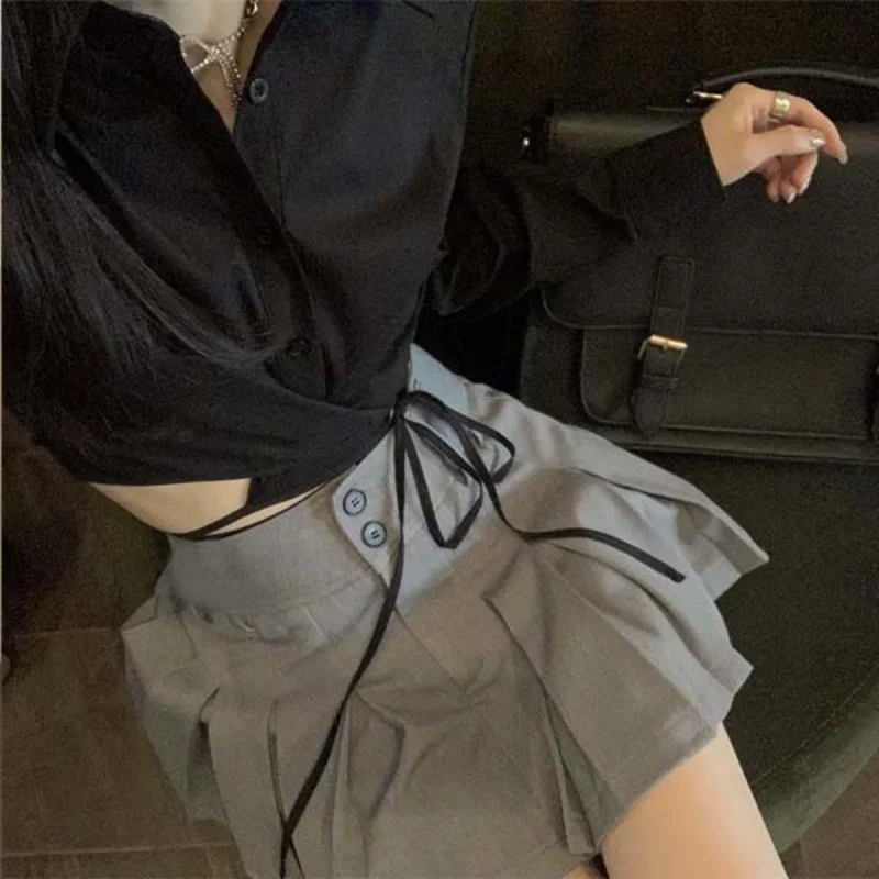 Hikigawa Chic Fashion Women Solid Pleated Mini Skirts Button Up Preppy Style All Match Elegant High Waist Summer Faldas Mujer