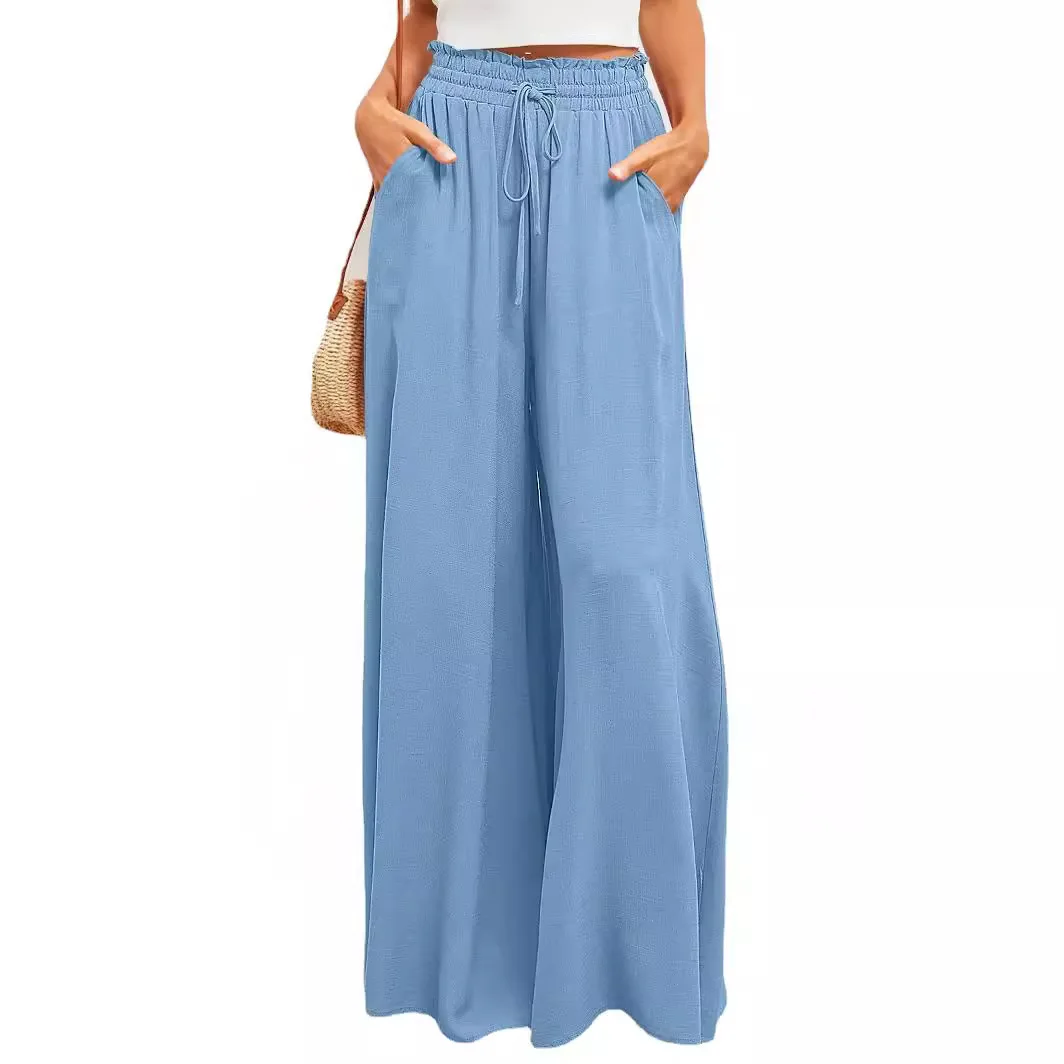Women Print Pants Casual Wide Leg Pant Drawstring High Waist Floor Lenth Medium Strech Loose Fit Thin Office Lady 2025 Summer
