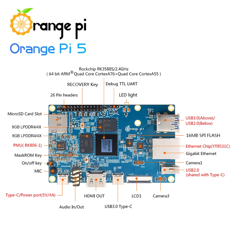 TopElec Orange Pi 5 16GB SBC+WiFi6 BT5.0 Module+Metal Case+ 5V4A Type-C Power Supply 4pcs Sets RK3588S Gigabit Ethernet Mini PC