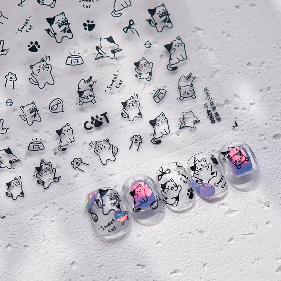 Cute Black Line Cat And Dog High Quality Kitten Puppy Nail Stickers Art Decorations Design T-4260