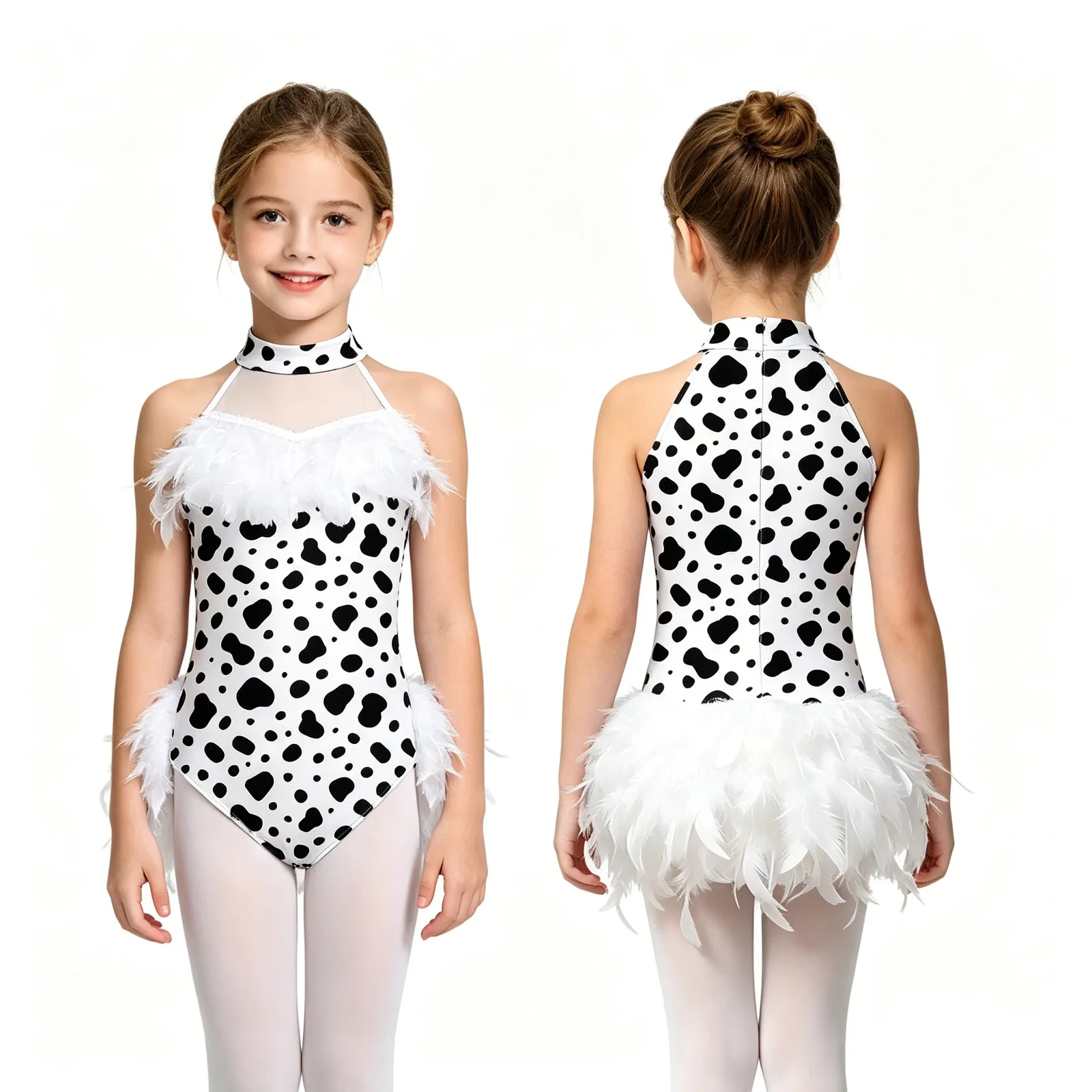 

Kids Girls Halloween Theme Party Leopard Dalmatian Costume Fuzzy Feather Trim Ballet Dance Skating Gymnastics Leotard Tutu Dress