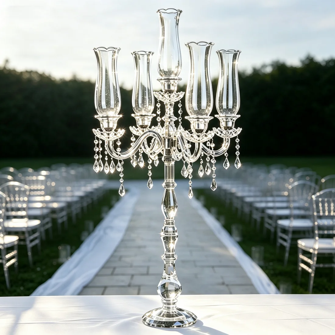 5 Arms K9 Crystal Candle Holder with Hurricane Glass Shades Hanging Teardrop Pendants Wedding Table Centerpiece Home Decor