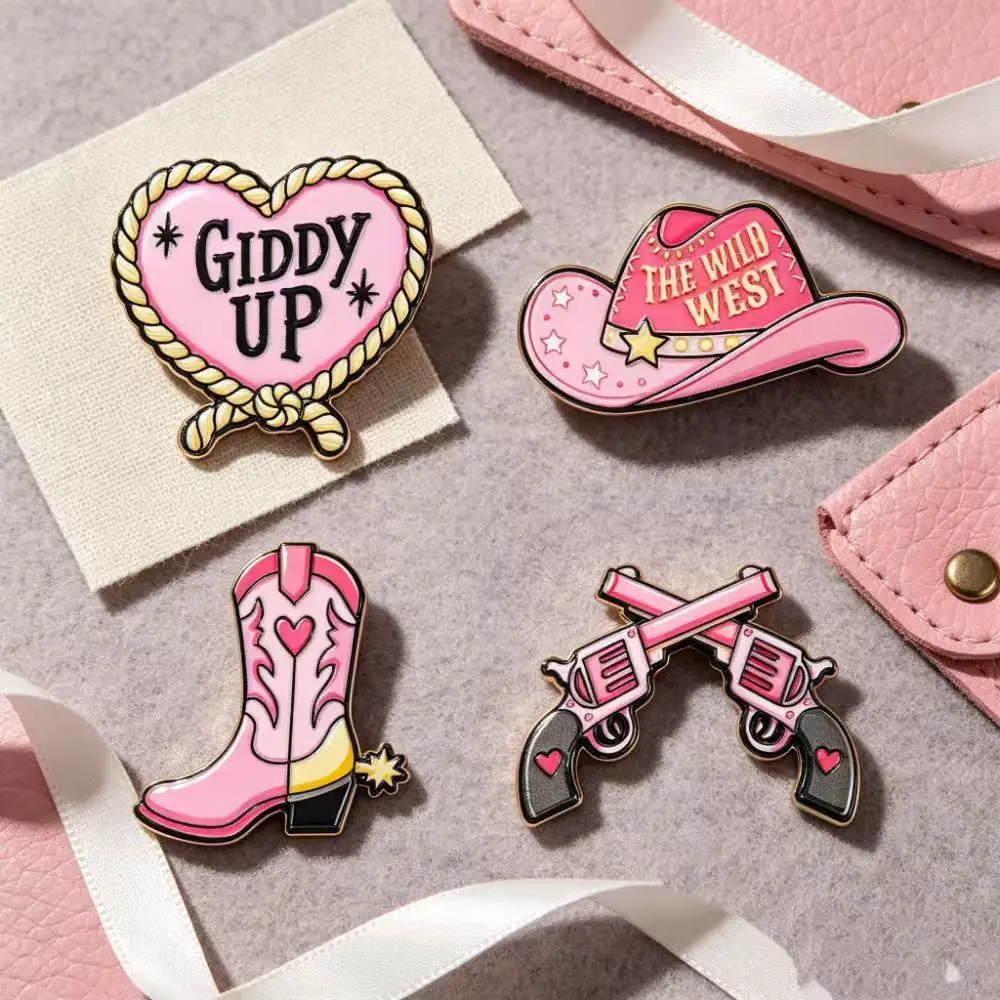 4Pcs Pink Western Cowgirl Enamel Pins, Retro Metal Lapel Badge for Jacket Bag, 11.11 Black Friday Gift Accessory