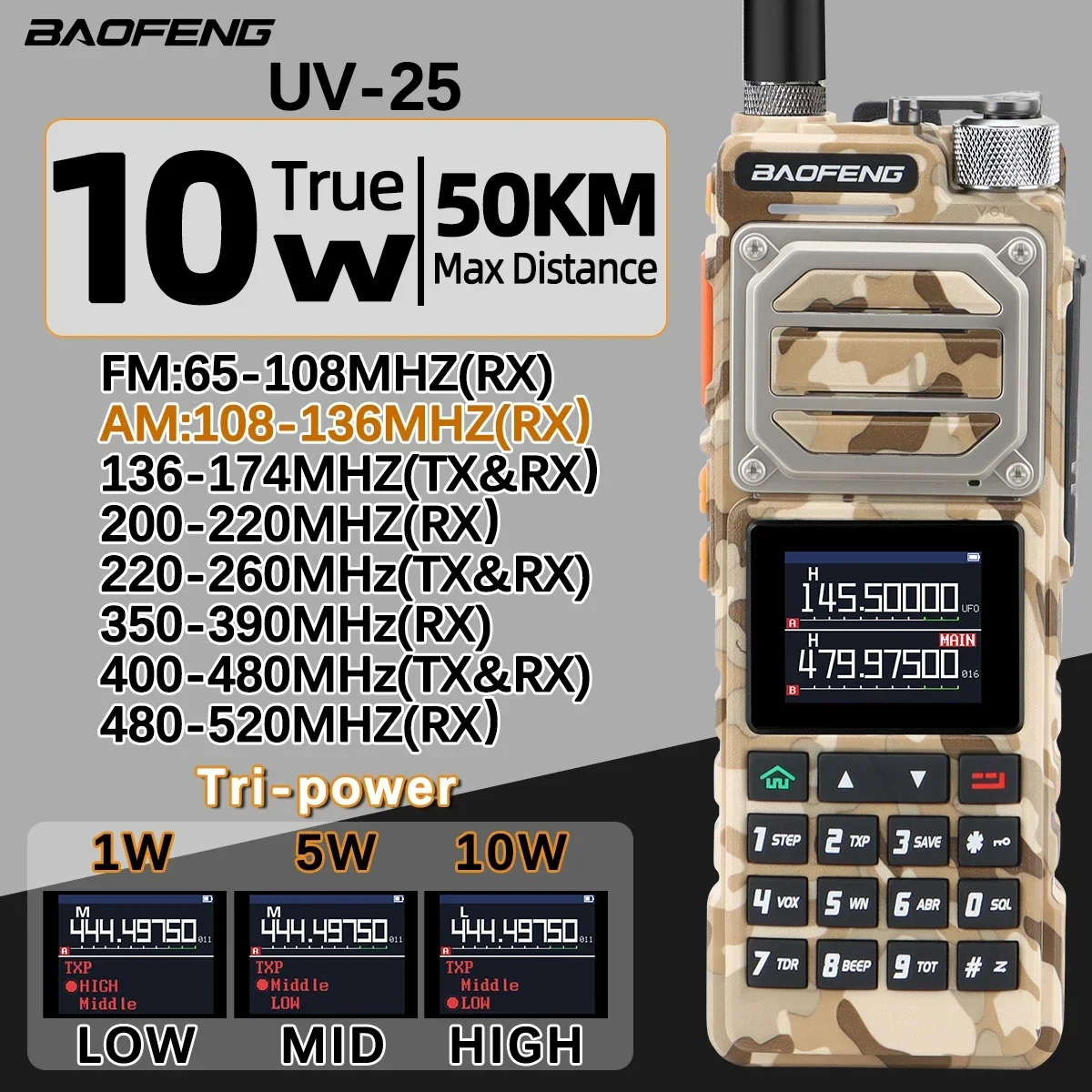 Baofeng UV-25 Walkie Talkie Air Band Long Range UHF VHF AM Wireless Copy Frequency 999CH  NOAA Type-C Charger Ham Two Way Radio