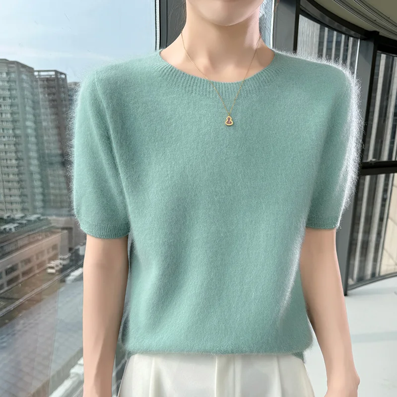 

New Knitted Women's 100% mink cashmere short sleeved sweater T-shirt Simple and versatile Women's O-neck pullover FRSEUCAG brand