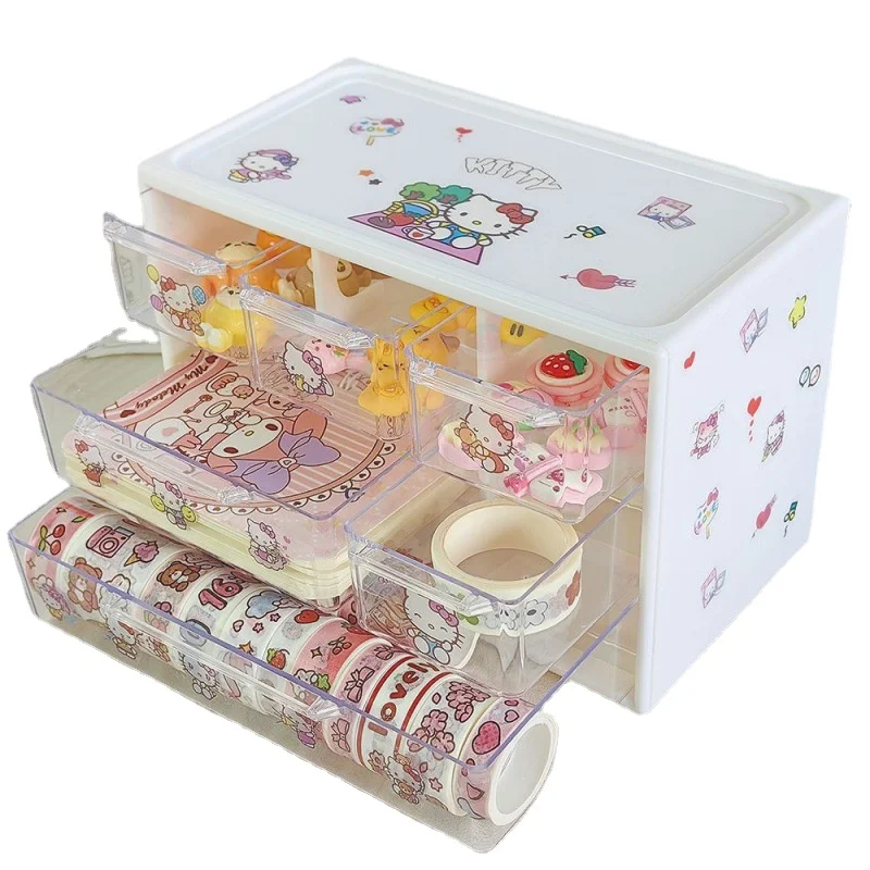 Miniso Sanrio 6 Grids Drawer Storage Box Desk Organizer with Kawaii Stickers Hello Kitty Cinnamoroll My Melody Cute Room Decor