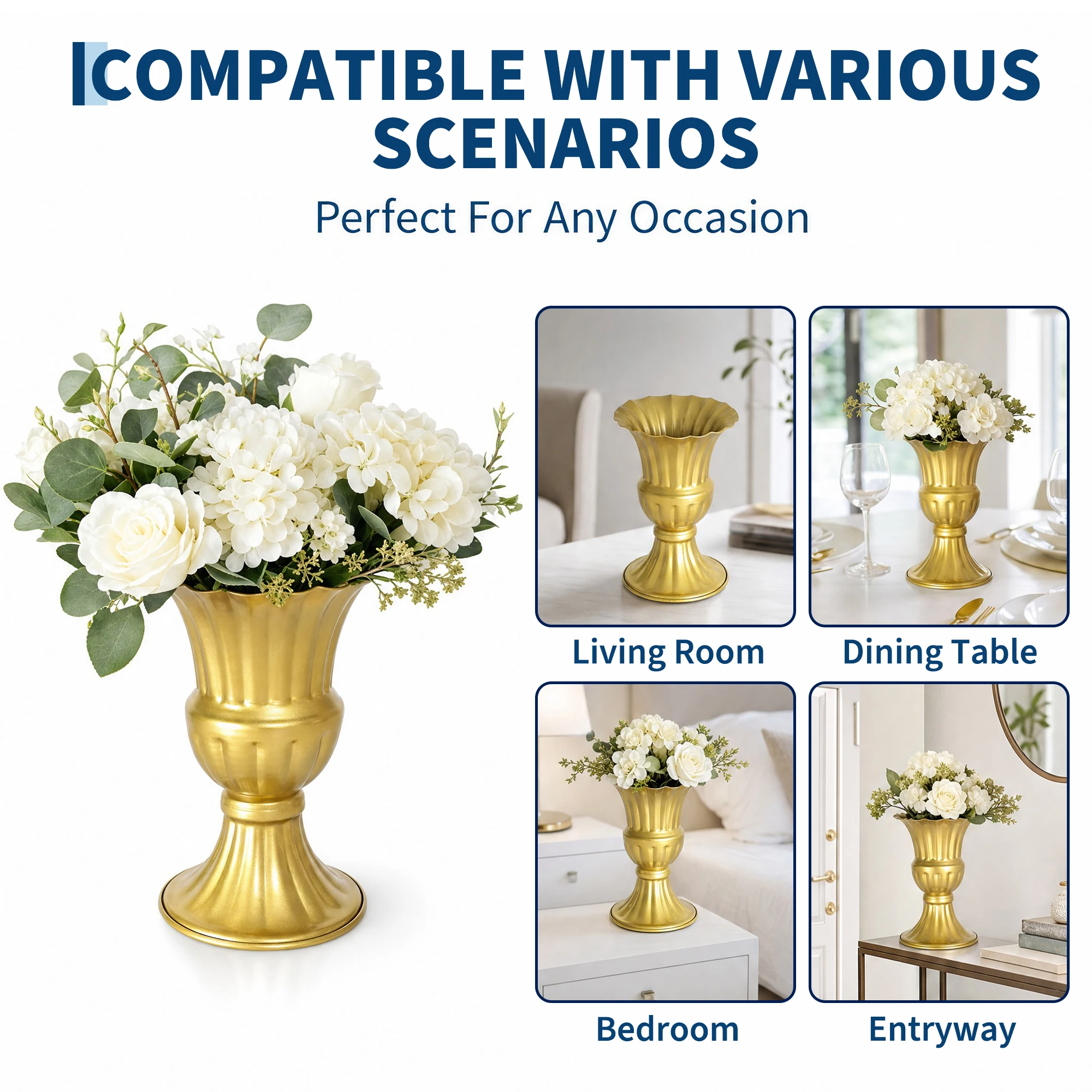 Gold Metal Trumpet Urn Vase Set - 9 Inch Tall Compote Centerpiece for Home, Wedding & Party Decor - Artificial Flower Planter - 6/10-Piece Set