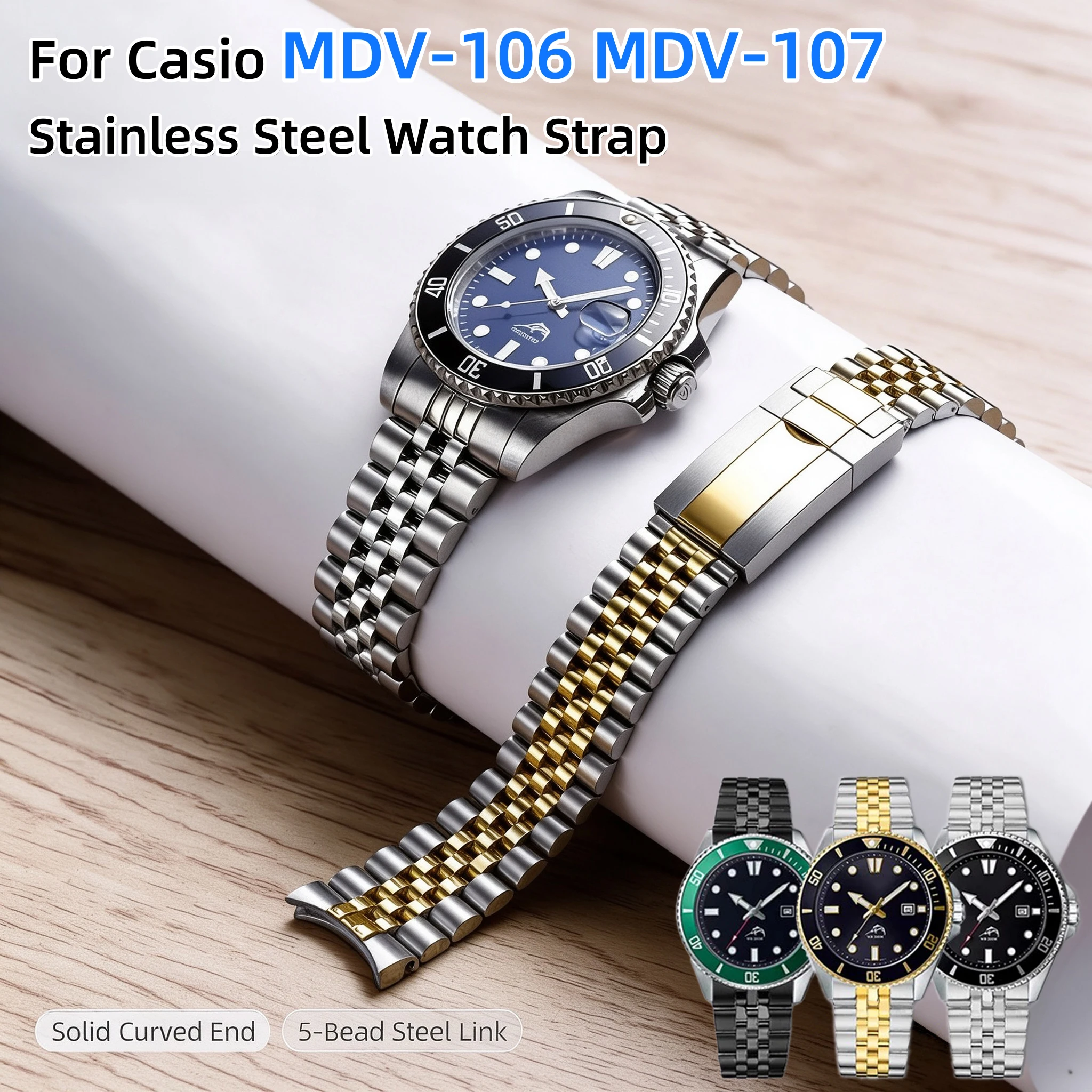 22mmの湾曲エンドリンク付き金属製腕時計バンド。カシオ-duro-mdv-106-b-g、mdv-107-1a、mtp-vd01に対応。ステンレススチール製で、男性用ブレスレットとしても使用可能。