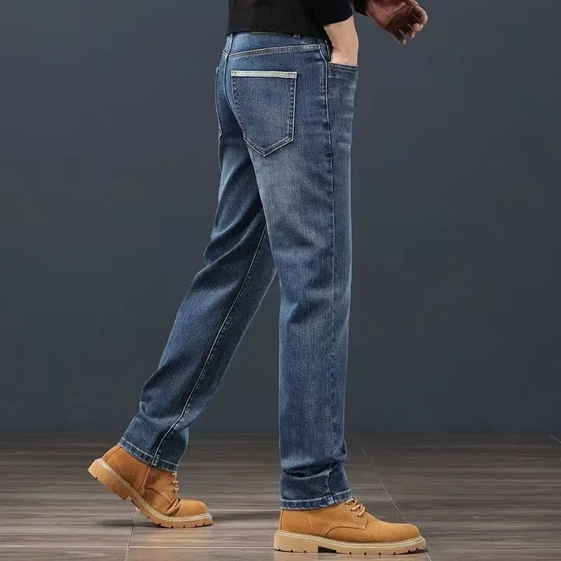 

Весна и осень 2026, высококачественные эластичные джинсы, мужские свободные прямые облегающие брюки большого размера, износостойкие повседневные деловые брюки