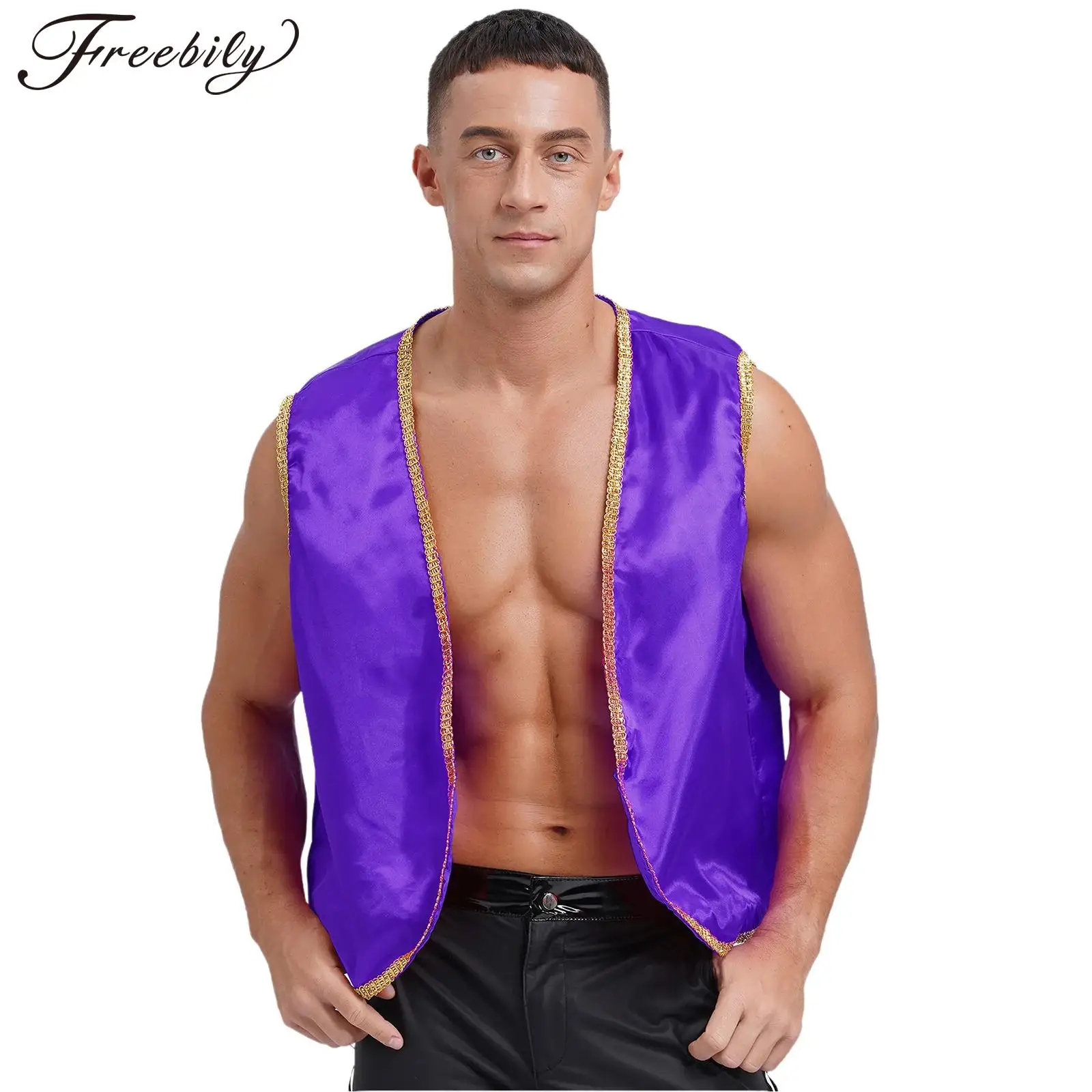 Mens Arabian Prince King Cosplay Costumes Vest Shiny Gold Trim Open Front Curved Waistcoat Carnival Theme Party Dress Up