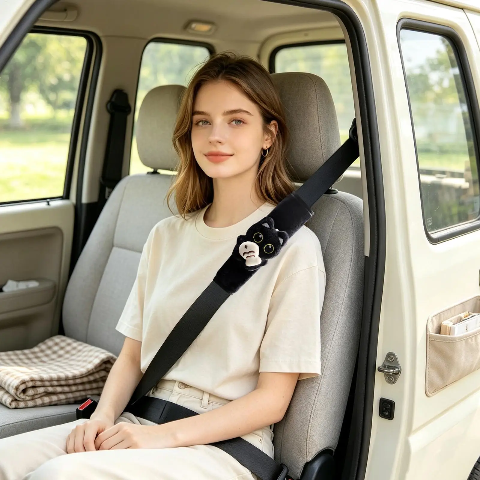 Seat Belt Cover Pad Cute 2 Pieces Universal Cat Plush Cushion Plush Seat Belt Cover Pad For Sedan SUV RV Truck Long Trips Short