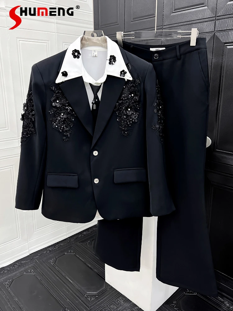 

High-End Sequin Embroidered Light Luxury Comfort Suit Sets Men 2025 Autumn New Loose 2pcs Trendy Blazers Pants Two-Piece Sets
