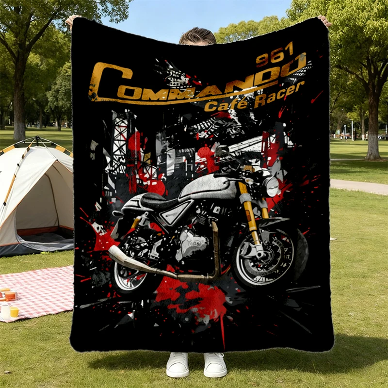 Commando 961 Flannel Blanket, British Cafe Racer Cozy Blanket, Rider Gift, Classic Motorcycle Flannel Throw