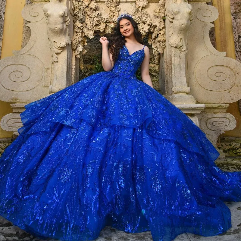 Vestido De quinceañera azul con lentejuelas para niñas, Vestido modesto, dulce Vestido De fiesta De cumpleaños De 16 Años