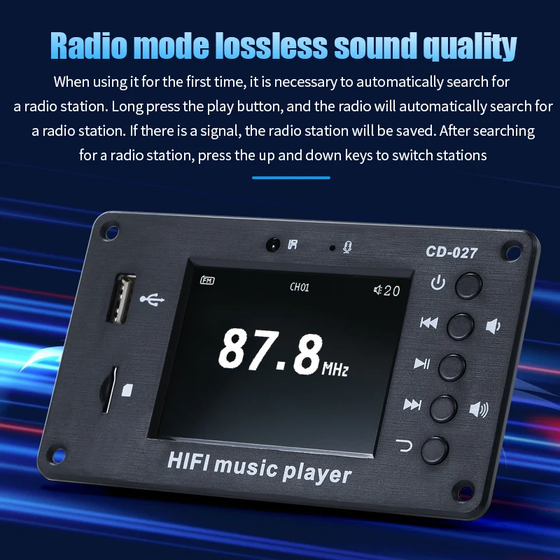 027 Car LCD MP3 Decoding Board Bluetooth Stereo Audio Receiver FLAC WAV APE Decoder FM Radio USB Player