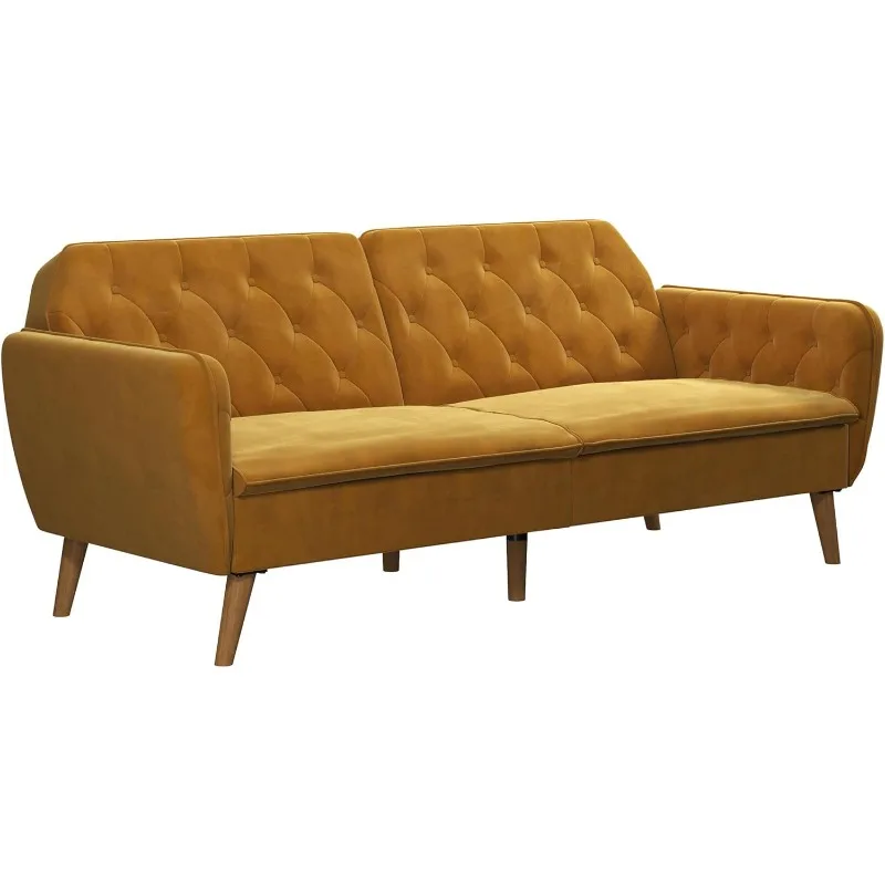 83 Inch Futon Sofa Bed in Velvet Fabric, Upholstered Couch Sleeper with Memory Foam and Tufted Back, Mid-Century Modern, Mustard