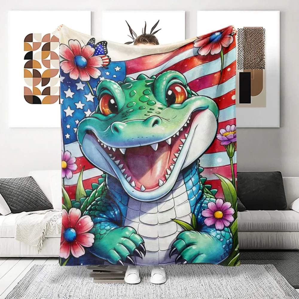 Cartoon Happy Crocodile With American Flag Floral Print Flannel Blanket Soft Throw Blanket For Sofa Bed Bedroom Patriotic Animal