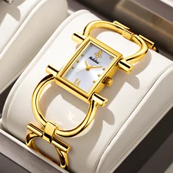 YaLaLuSi Top Brand Women's Watch Rectangular Golden Case Black Dial Simple Skeleton Business Ion Plating Gift Box Regulator